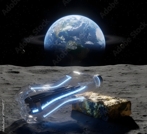 plastic bottle brick gold ore lunar surface earth globe moon sky pollution