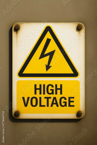 High voltage warning sign with black lightning bolt symbol on yellow metal plate, mounted on brown wall—capturing industrial safety, hazard alert, and electrical risk awareness.