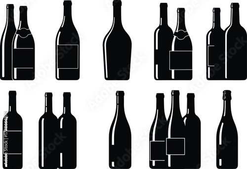 Set of elegant wine bottle silhouettes collection, black glass shapes isolated on white background, vector illustration for bar, restaurant, winery design concept