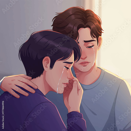 Illustration of a man comforting another man who is crying in a room with soft lighting.