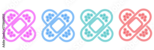 Four neon bandaids in different colors pink, blue, green, and red