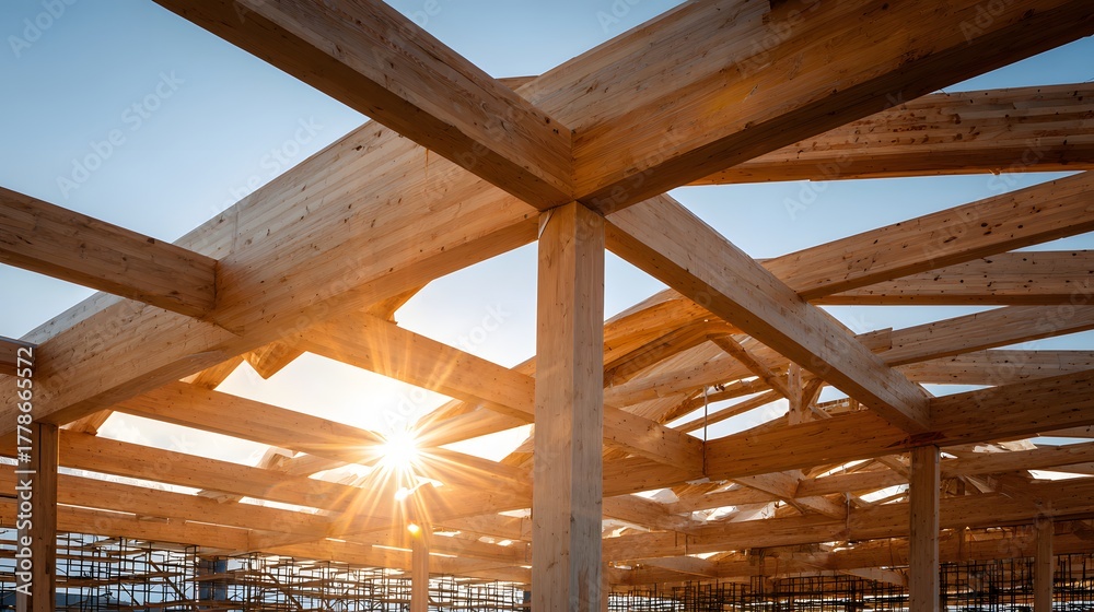 Obraz premium Massive wooden structural framework glows under bright sunlight during construction