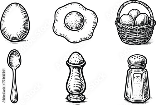 Engraved Style Illustration Collection of Eggs and Kitchen Items: Whole Egg, Fried Egg, Egg Basket, Spoon, and Salt/Pepper Shakers