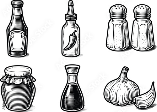 Engraved Illustration Collection of Vintage Condiments and Ingredients: Ketchup, Hot Sauce, Salt Shakers, Jar, Soy Sauce, and Garlic