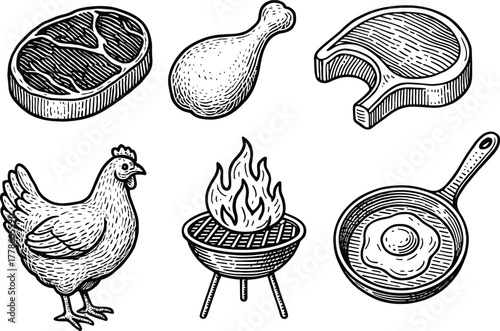 Engraved Style Illustration Collection of Meat Products and Cooking Elements: Steak, Pork Chop, Chicken Leg, Whole Chicken, Grill, and Fried Egg