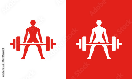 Silhouette of a person performing a dead lift exercise with a barbell on a split red and white background