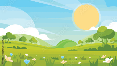 Vibrant cartoon landscape with rolling green hills and a bright sun