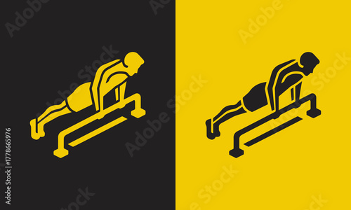 Athletic man performing a dip exercise on parallel bars in a split yellow and black background