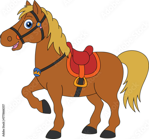 Cartoon brown horse with red saddle