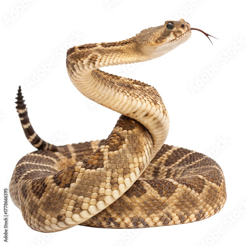 A rattlesnake coils with its head raised, showcasing its distinctive scales and alertness isolated on transparent background