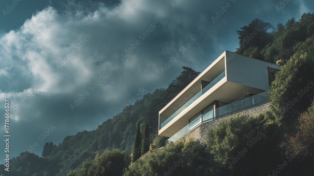 Naklejka premium Modern contemporary residence featuring minimalist design built into a verdant, forested hillside under dramatic clouds