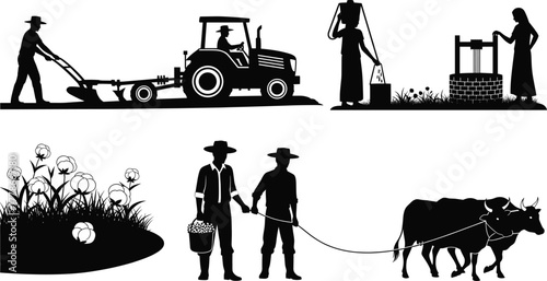 Farming silhouettes vector, rural farmers with tractor and oxen, agriculture work, water well, cotton field, countryside life illustration, village farming design
