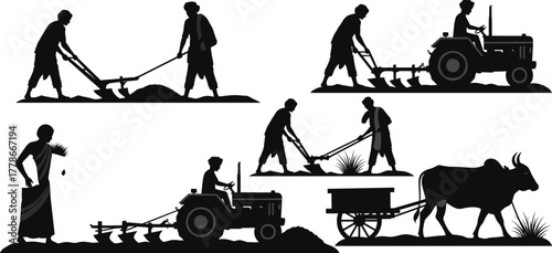 Farming silhouettes vector, farmers with oxen and tractors, traditional and modern agriculture, rural lifestyle, field plowing, countryside work, agricultural illustration design
