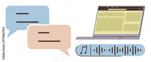 Laptop displaying webpage, speech bubbles, and an audio waveform with musical note. Ideal for communication, media, online learning, podcasting, conversation technology remote work. Simple flat