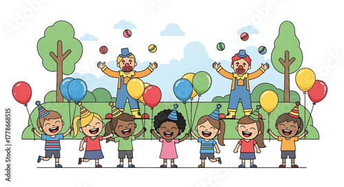 Illustration of diverse children and clowns playing with colorful balloons in a park with trees and green grass.