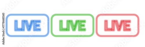 Three neon signs with the word live in blue, green, and red, isolated on a