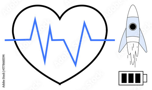 Heart outline with heartbeat line, blue rocket launching, battery icon. Ideal for health, innovation, energy, progress, growth vitality motivation. A simple flat metaphor