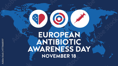 European antibiotic awareness day november 18, with a world map background and icons for heart, target, and syringe