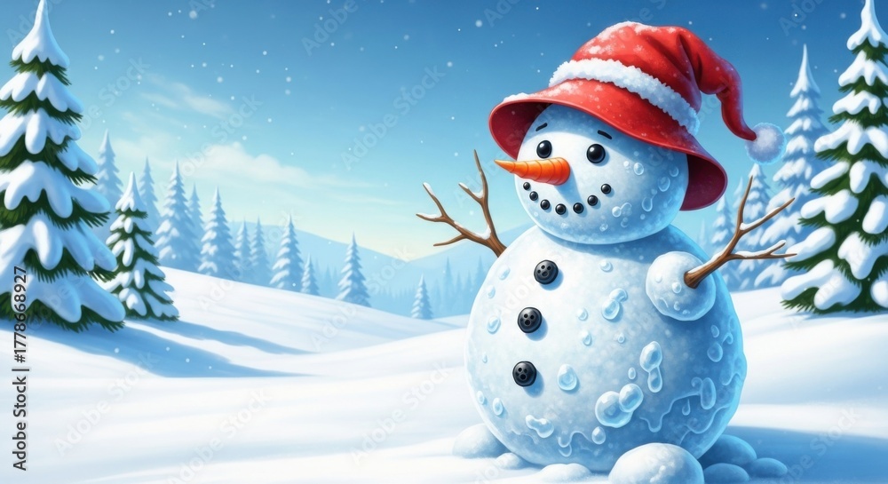 Fototapeta premium Cheerful snowman wearing a red striped hat in a snowy winter landscape