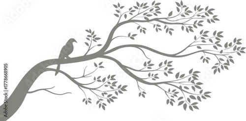 Elegant black silhouette of two birds perched on a leafy tree branch. A clean and minimalist nature illustration perfect for  invitations, and design projects. Ideal for themes of romance, peace