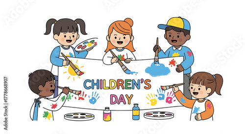 Group of diverse children painting and celebrating Children's Day with colorful artwork and supplies on a white background.