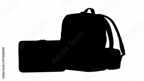 Silhouette depiction of a backpack standing next to a rectangular object on a white background view