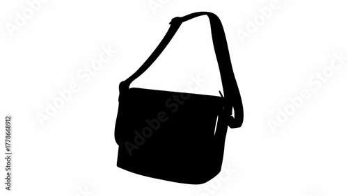 Silhouette of a messenger bag with a long strap hanging diagonally against a white background design art