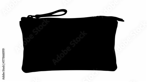 Silhouette of a small square black pouch with a zipper and a loop handle against a white background