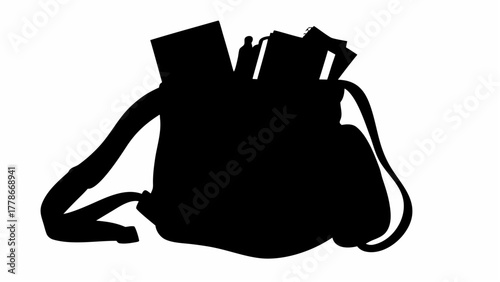 Silhouette of a backpack filled with items including books or papers and bottles, viewed from the side