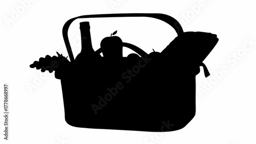 Silhouette of a picnic basket filled with wine grapes fruits and a blanket ready for an outdoor meal