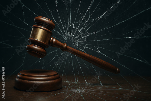 Wooden gavel on judge desk against cracked glass background, concept of broken justice corruption and legal system failure, dramatic court judgment symbolism for crime law and punishment illustration 
