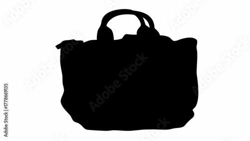 Silhouette of a tote bag with handles, casting a dark shadow on a white background, simple and elegant design