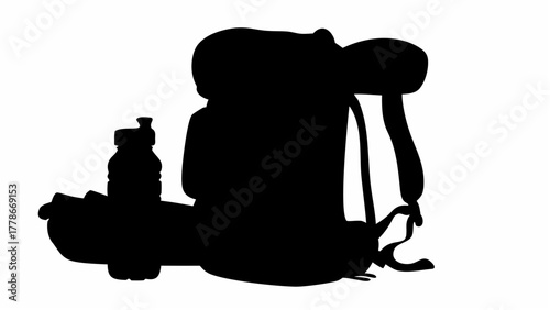 Silhouette of a hiking backpack with a water bottle on a white background ready for an adventure trip