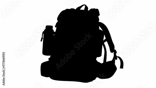 Silhouette of a large hiking backpack with water bottle attached and visible straps and compartments shown