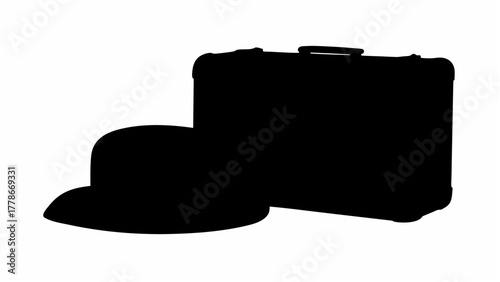 Silhouette of a suitcase standing next to a bowler hat casting a shadow on a white background view