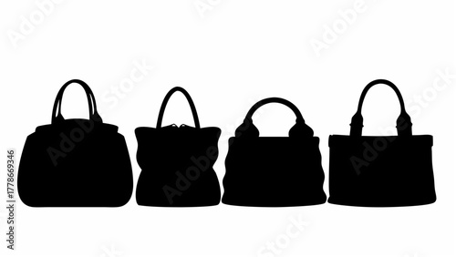 Silhouette illustration of four different tote bags with handles isolated on a white background view