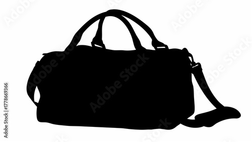 Silhouette of a large black bag with handles and a shoulder strap against a white background showing detail