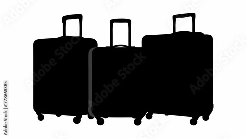 Three black suitcases of varying sizes standing side by side ready for a trip or vacation packing time silhouette
