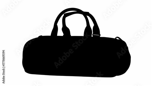 Silhouette depiction of a black duffel bag with handles and a shoulder strap on a white background view
