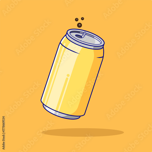 Yellow Soda Can with Fizzy Bubbles Vector Illustration Cartoon Design
