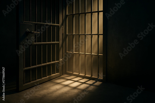 Open prison cell door with dramatic light shining through bars, dark jail corridor concept of freedom justice punishment and imprisonment, symbolic scene of hope release and confinement in correctiona
