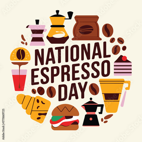 National espresso day with various coffee related items and food arranged in a circle