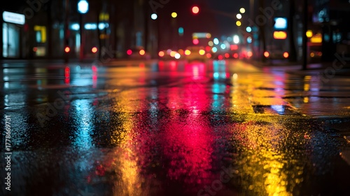 City street pavement brilliantly reflects vibrant neon lights following a nighttime rain shower