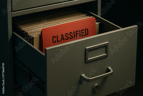 Open file cabinet drawer with red classified folder inside, confidential government documents storage security concept, secret information investigation data privacy and intelligence archive organizat