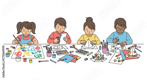 Four children engaged in arts and crafts activities at a table with various supplies.