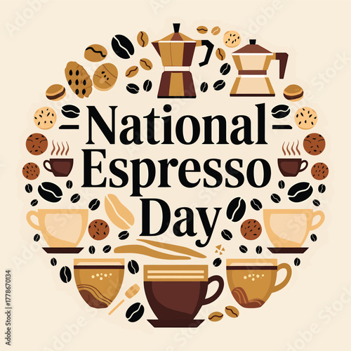 A circular arrangement of espresso cups, coffee pots, cookies, and coffee beans forms a festive border around the text national espresso day, celebrating the popular coffee holiday