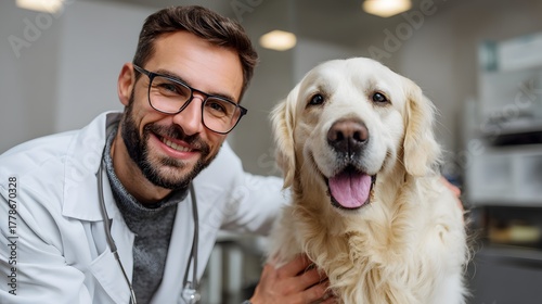 Smiling veterinarian with golden retriever at clinic showing strong bond and warmth, perfect for pet care blog, clinic website