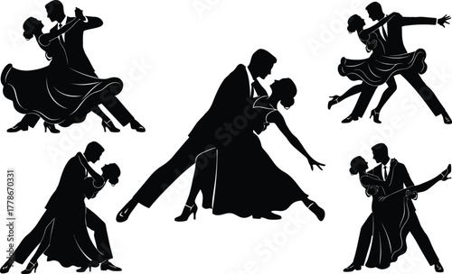 Elegant Ballroom Dance Silhouettes of Couple Performing Tango and Waltz Poses on White Background