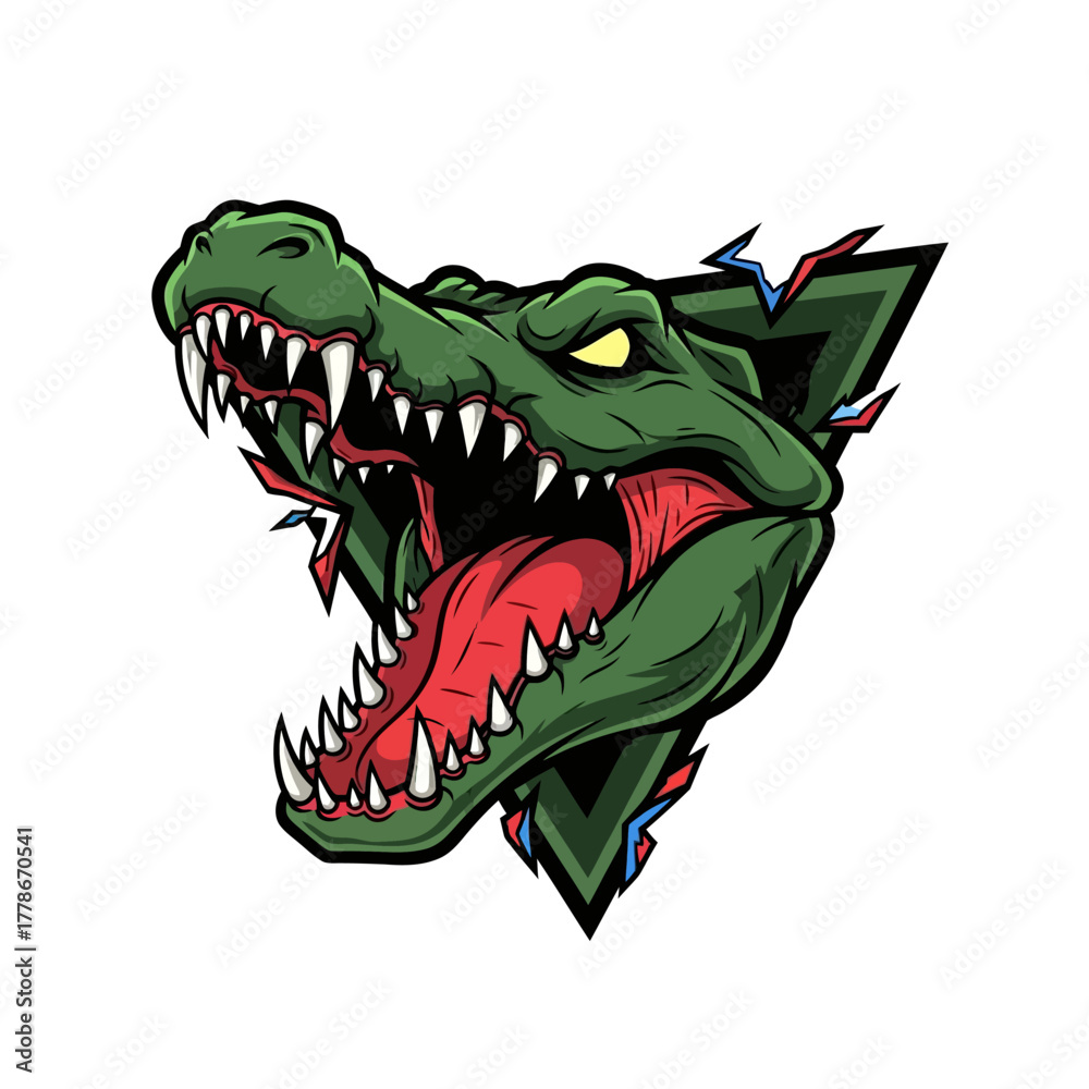 Obraz premium Terrifying alligator mascot roaring with sharp teeth, perfect for sports teams, edgy logos, and bold branding that demands attention and conveys power with a dynamic, fearsome design