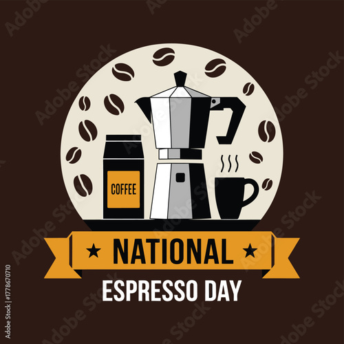 National espresso day graphic illustration featuring a moka pot, coffee beans, and a cup, symbolizing the joy of brewing and enjoying espresso